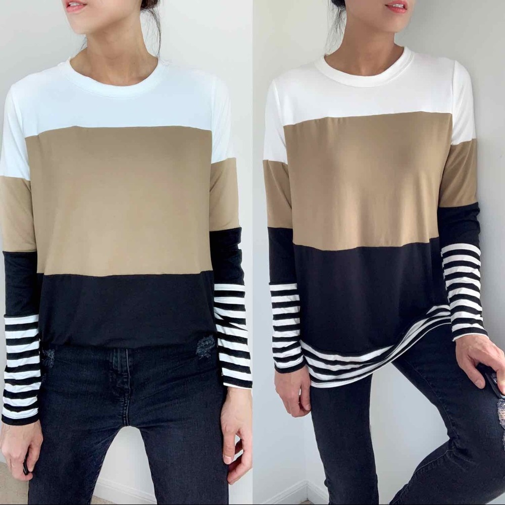 Color Block Long Sleeve Top - NEUTRAL BLACK WHITE